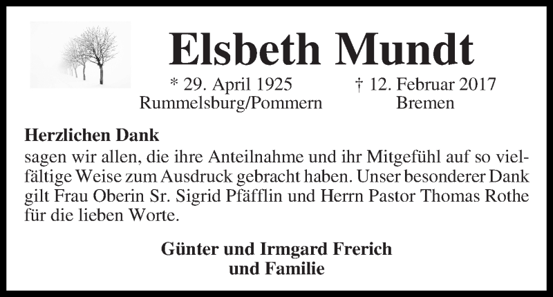  Traueranzeige für Elsbeth Mundt vom 08.03.2017 aus WESER-KURIER
