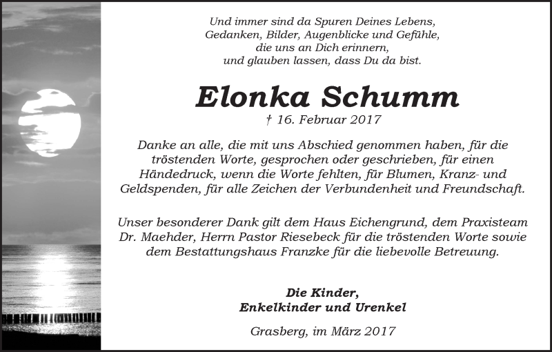 Traueranzeige von Elonka Schumm von Wuemme Zeitung