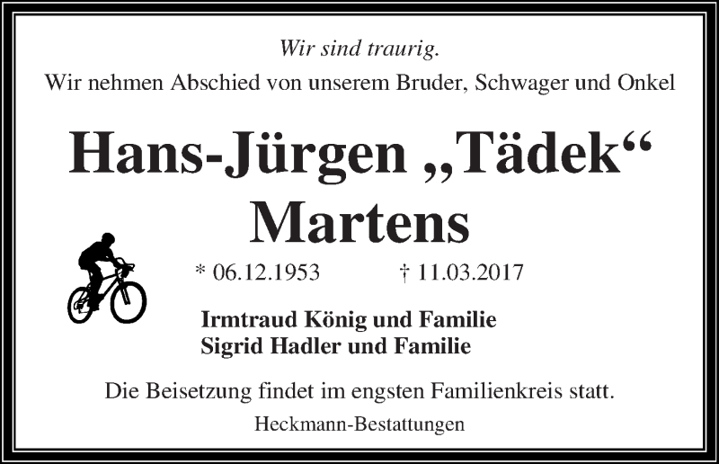 Traueranzeige von Hans-Jürgen Martens von Die Norddeutsche