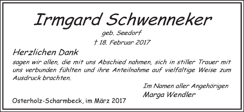 Traueranzeige von Irmgard Schwenneker von Osterholzer Kreisblatt