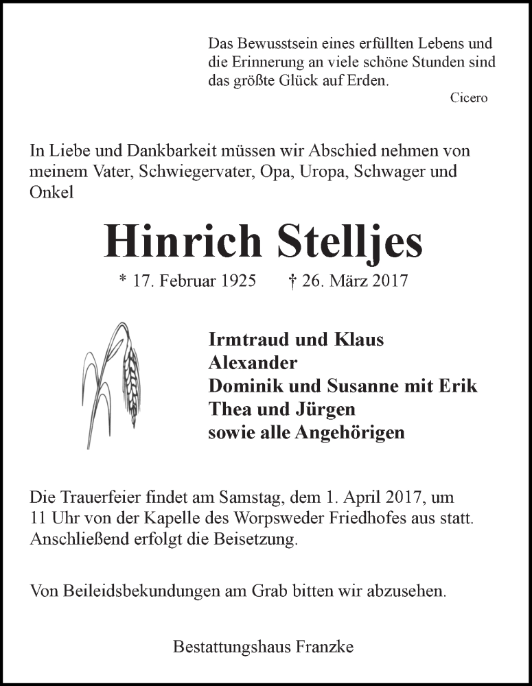 Traueranzeige von Hinrich Stelljes von Wuemme Zeitung