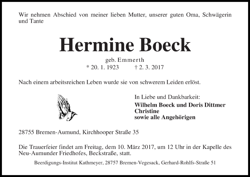 Traueranzeige von Hermine Boeck von Die Norddeutsche