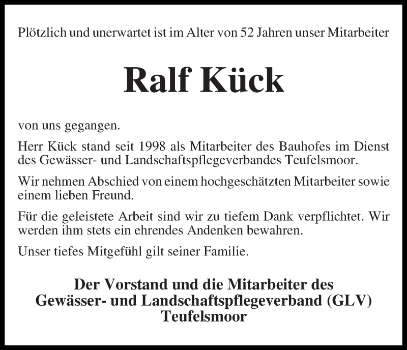  Traueranzeige für Ralf Kück vom 21.03.2017 aus Wuemme Zeitung