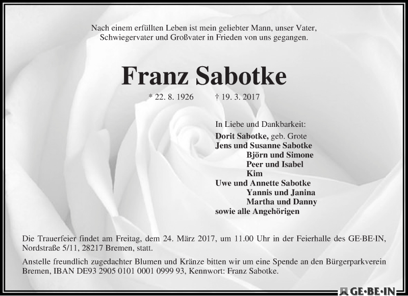 Traueranzeige von Franz Sabotke von WESER-KURIER