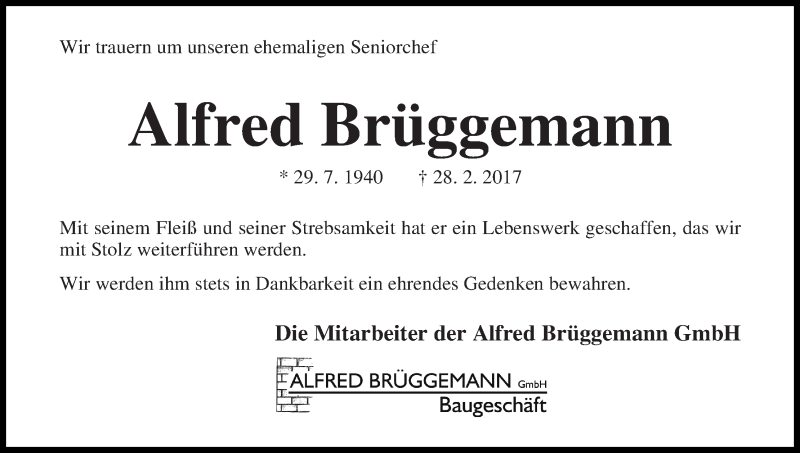 Traueranzeige von Alfred Brüggemann von Die Norddeutsche