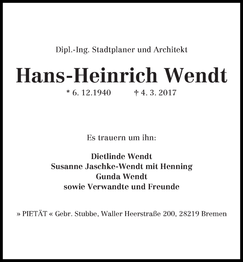 Traueranzeige von Hans-Heinrich Wendt von WESER-KURIER