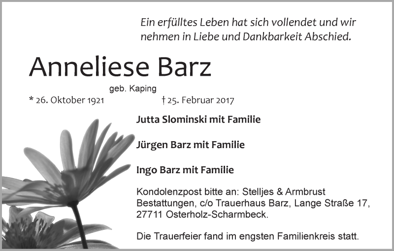 Traueranzeige von Anneliese Barz von Die Norddeutsche