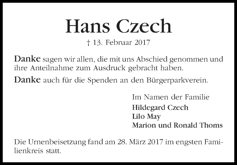 Traueranzeige von Hans Czech von WESER-KURIER