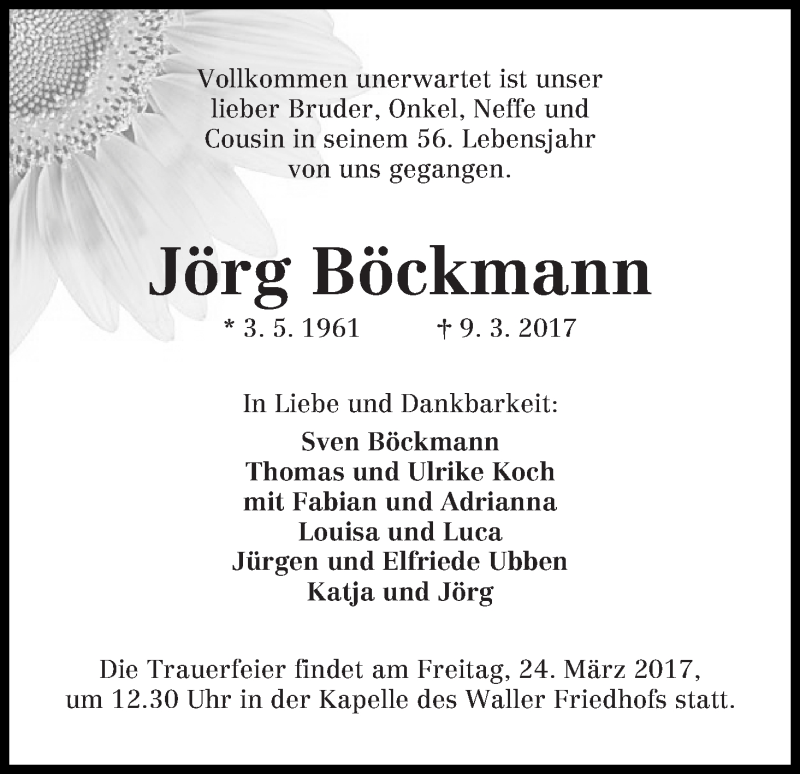 Traueranzeige für Jörg Böckmann vom 18.03.2017 aus WESER-KURIER