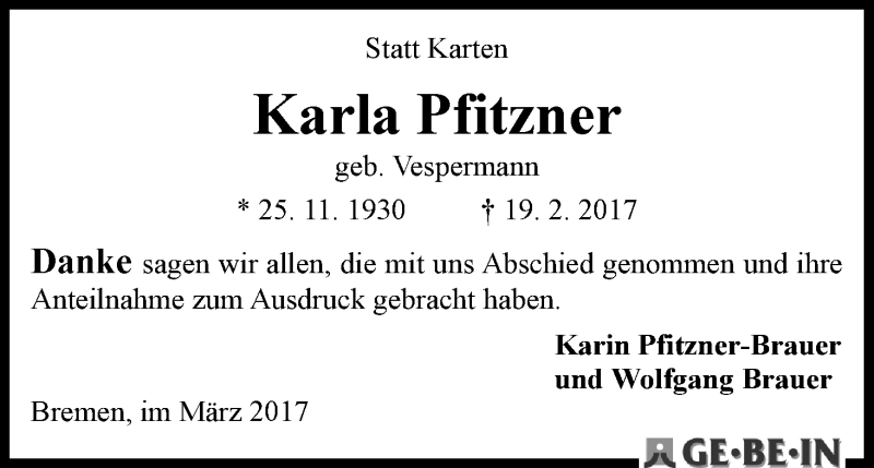 Traueranzeige von Karla Pfitzner von WESER-KURIER