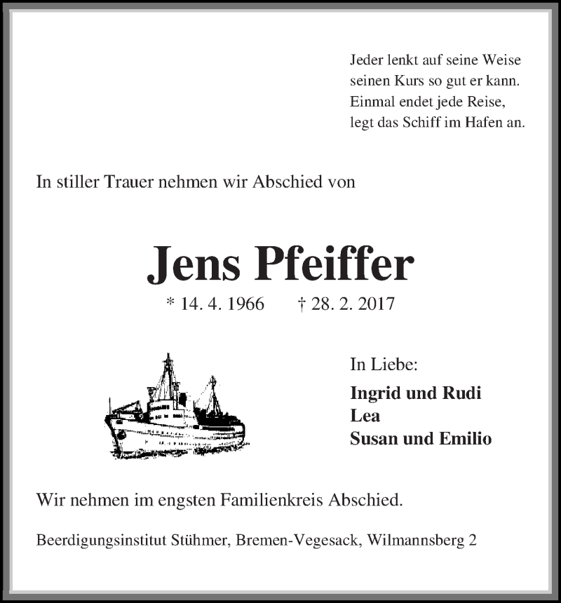 Traueranzeige von Jens Pfeiffer von Die Norddeutsche