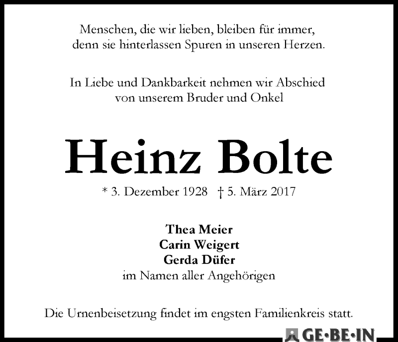 Traueranzeige von Heinz Bolte von WESER-KURIER