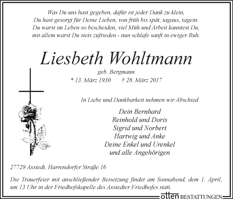 Traueranzeige von Liesbeth Wohltmann von Osterholzer Kreisblatt