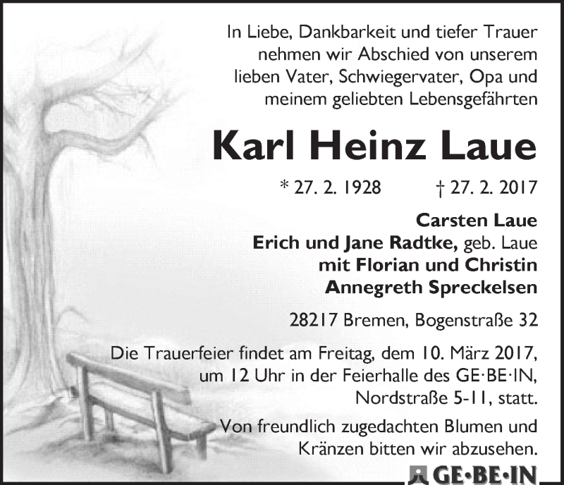 Traueranzeige von Karl-Heinz Laue von WESER-KURIER