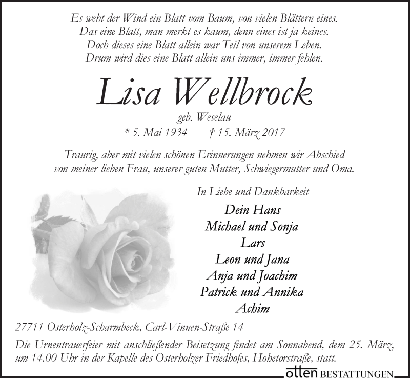 Traueranzeige von Lisa Wellbrock von Osterholzer Kreisblatt
