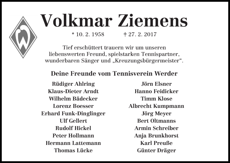 Traueranzeige von Volkmar Ziemens von WESER-KURIER