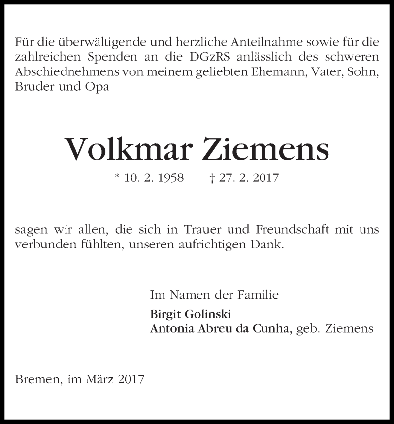 Traueranzeige von Volkmar Ziemens von WESER-KURIER