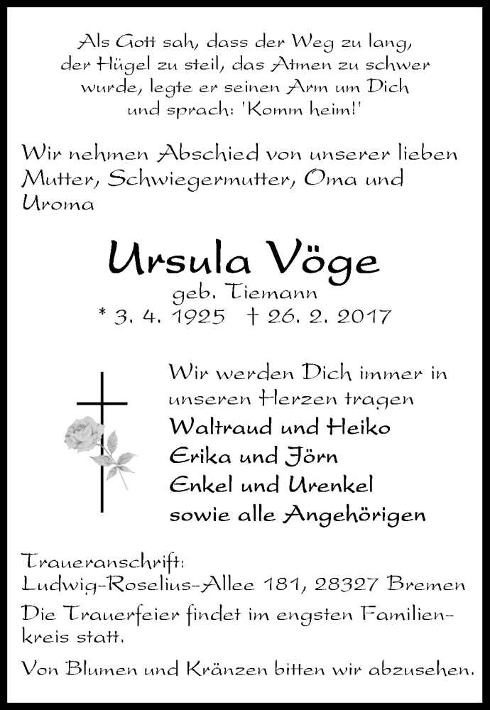 Traueranzeige von Ursula Vöge von WESER-KURIER