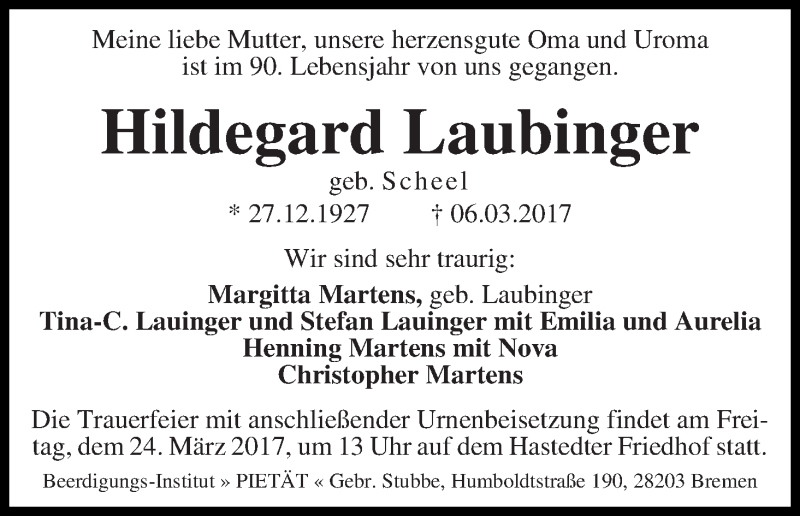 Traueranzeige von Hildegard Laubinger von WESER-KURIER