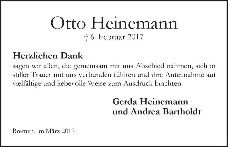Traueranzeige von Otto Heinemann von WESER-KURIER