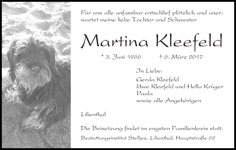  Traueranzeige für Martina Kleefeld vom 11.03.2017 aus WESER-KURIER