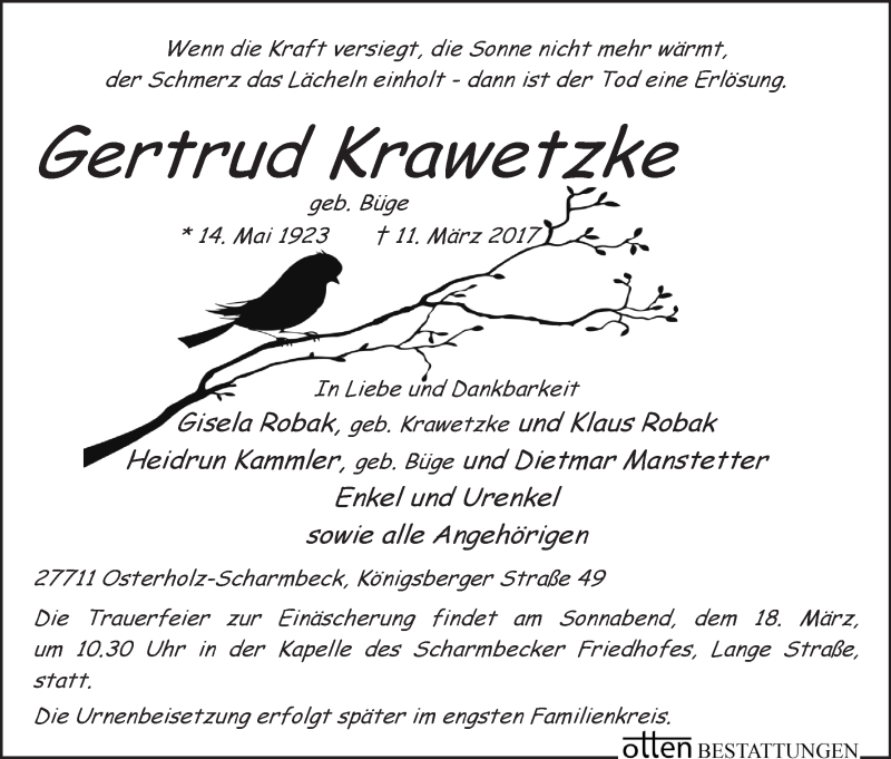 Traueranzeige von Gertrud Krawetzke von Osterholzer Kreisblatt
