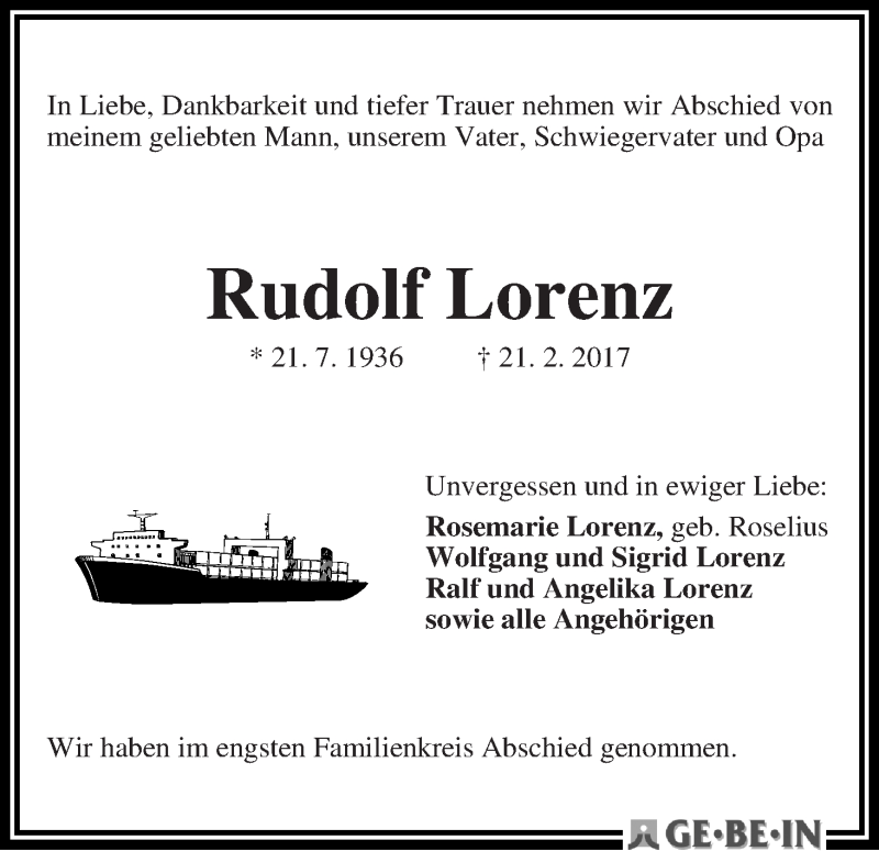 Traueranzeige von Rudolf Lorenz von WESER-KURIER
