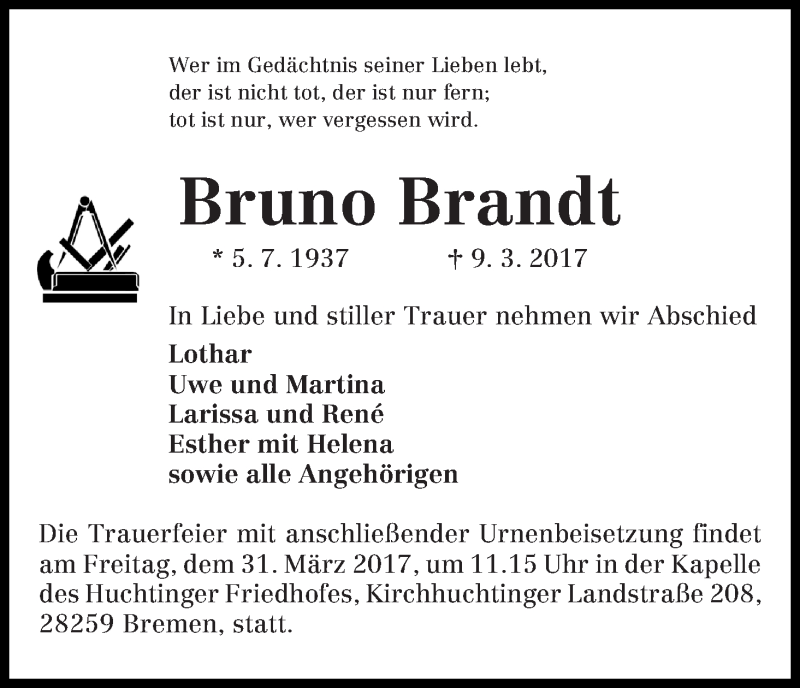 Traueranzeige von Bruno Brandt von WESER-KURIER