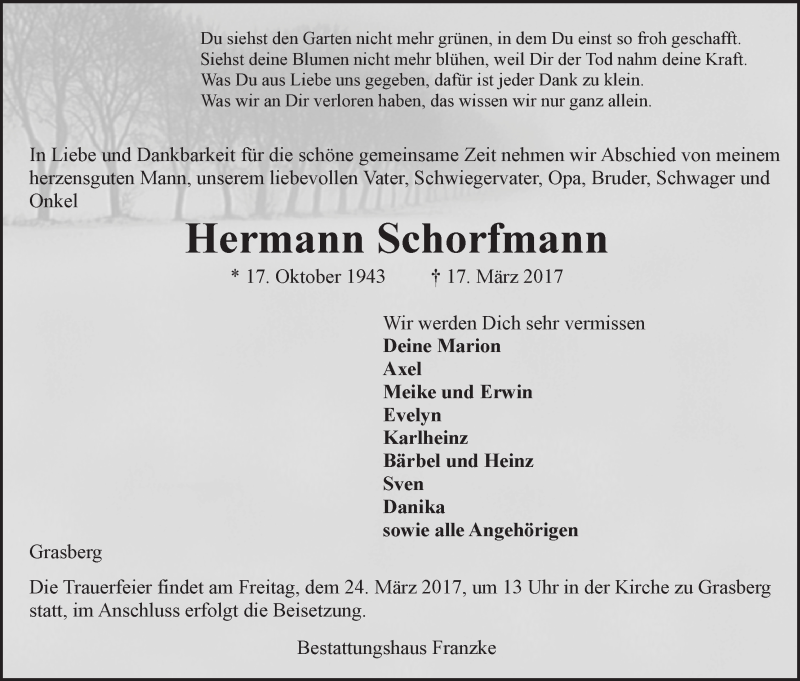 Traueranzeige von Hermann Schorfmann von Wuemme Zeitung