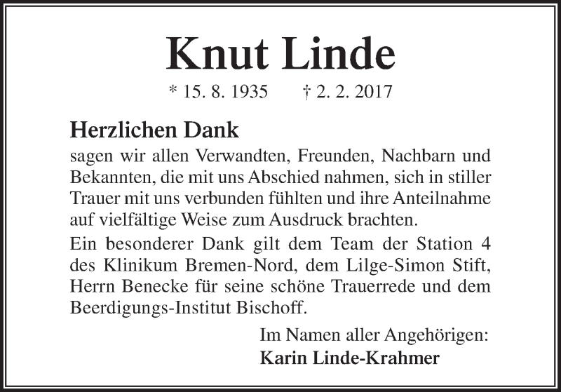 Traueranzeige von Knut Linde von WESER-KURIER