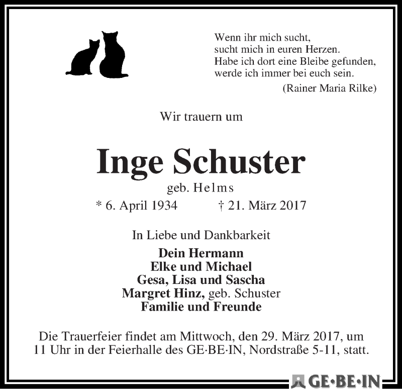 Traueranzeige von Inge Schuster von WESER-KURIER