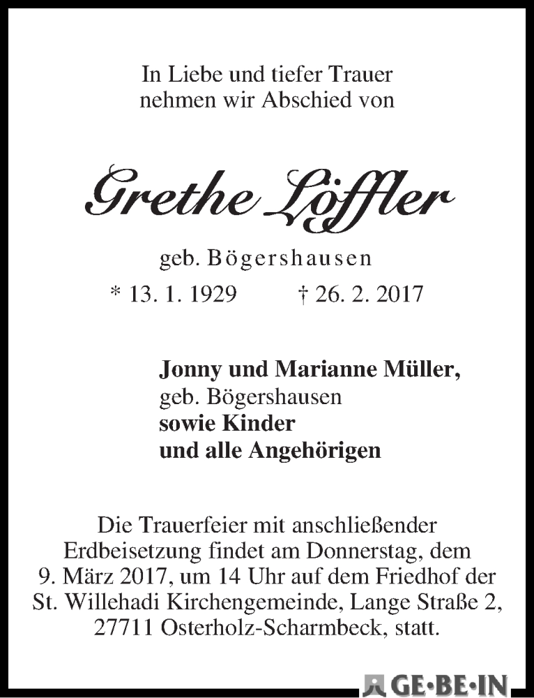 Traueranzeige von Grethe Löffler von WESER-KURIER