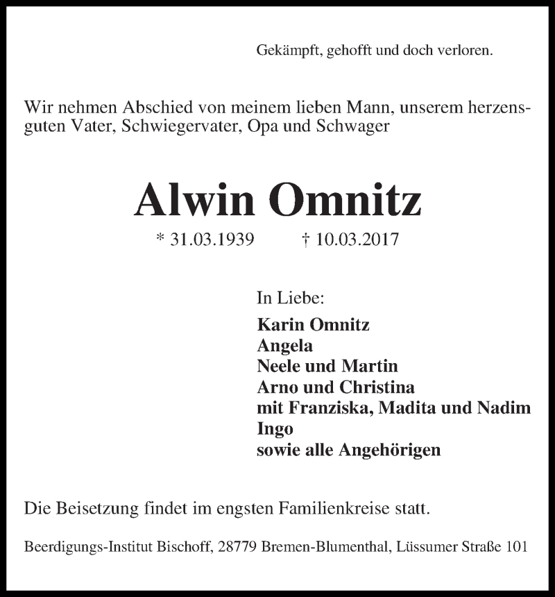 Traueranzeige von Alwin Omnitz von Die Norddeutsche