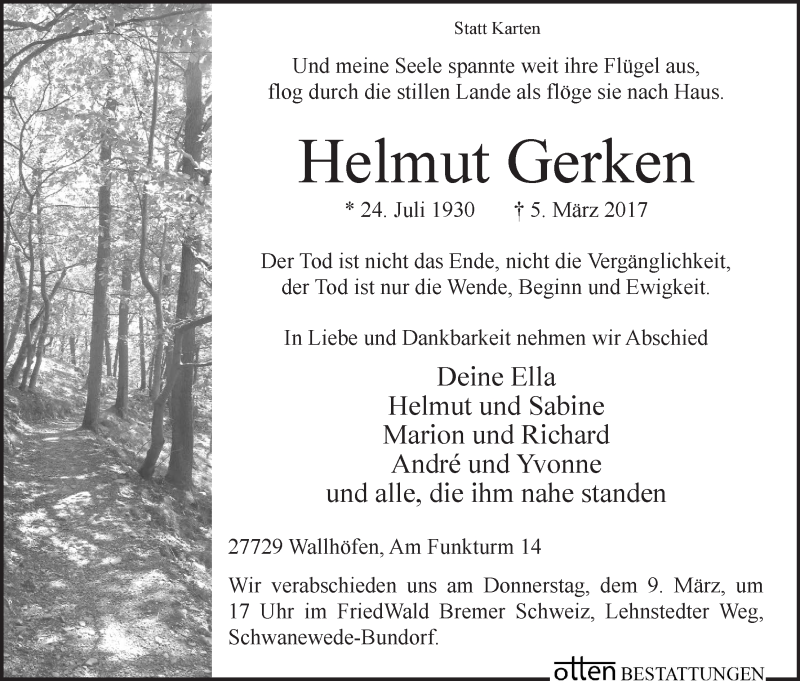 Traueranzeige von Helmut Gerken von Osterholzer Kreisblatt