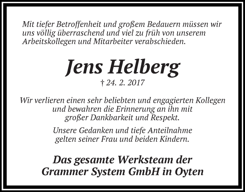 Traueranzeige von Jens Helberg von Wuemme Zeitung