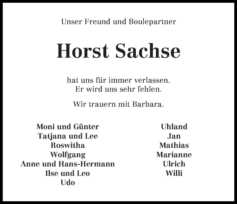 Traueranzeige von Horst Sachse von Wuemme Zeitung