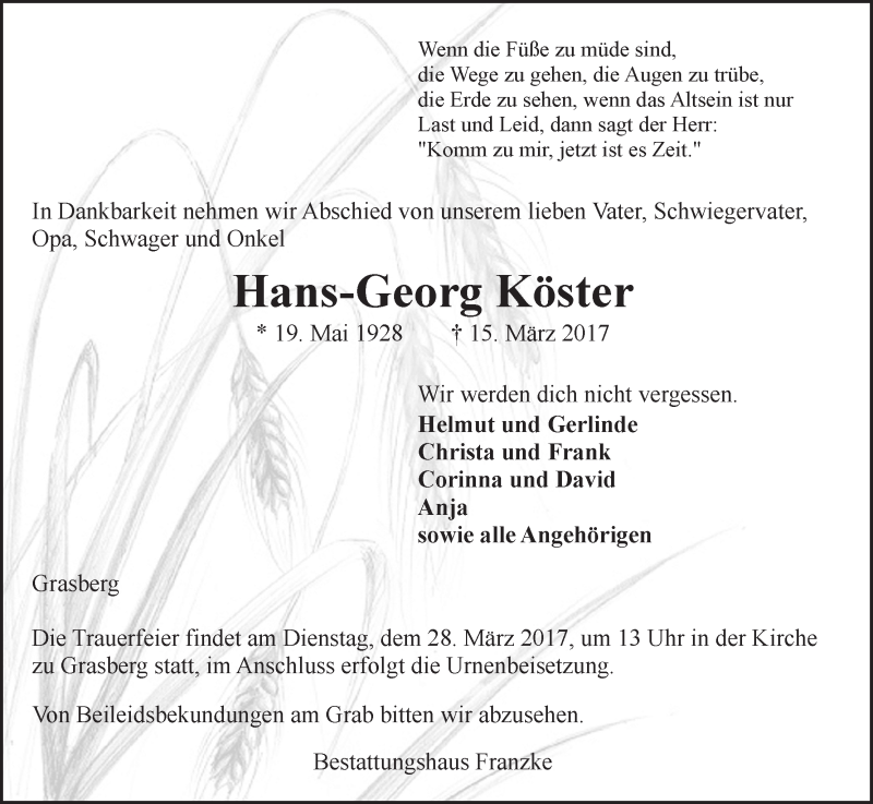 Traueranzeige von Hans-Georg Köster von Wuemme Zeitung