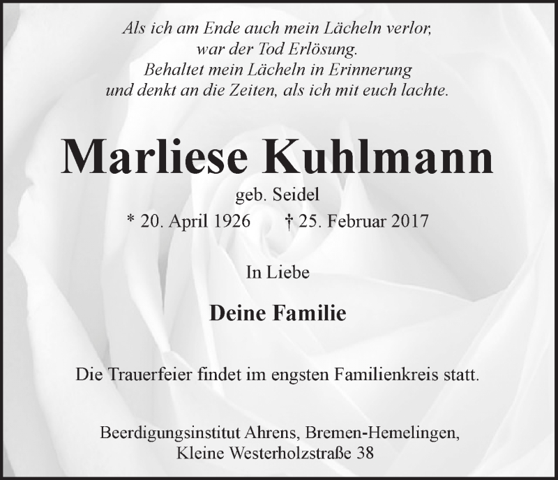 Traueranzeige von Marliese Kuhlmann von WESER-KURIER
