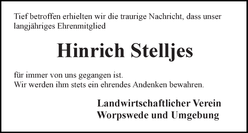 Traueranzeige von Hinrich Stelljes von Wuemme Zeitung