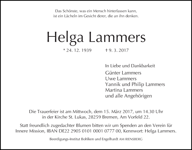 Traueranzeige von Helga Lammers von WESER-KURIER