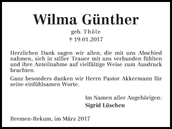 Traueranzeige von Wilma Günther
