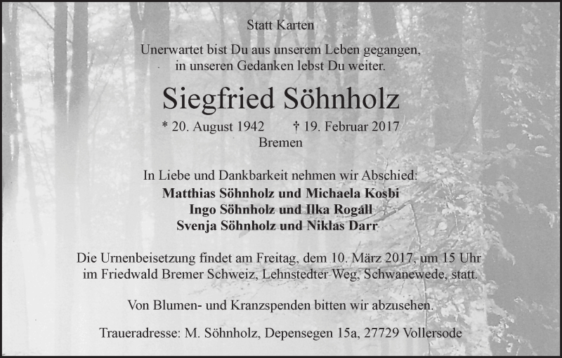 Traueranzeige von Siegfried Söhnholz von WESER-KURIER