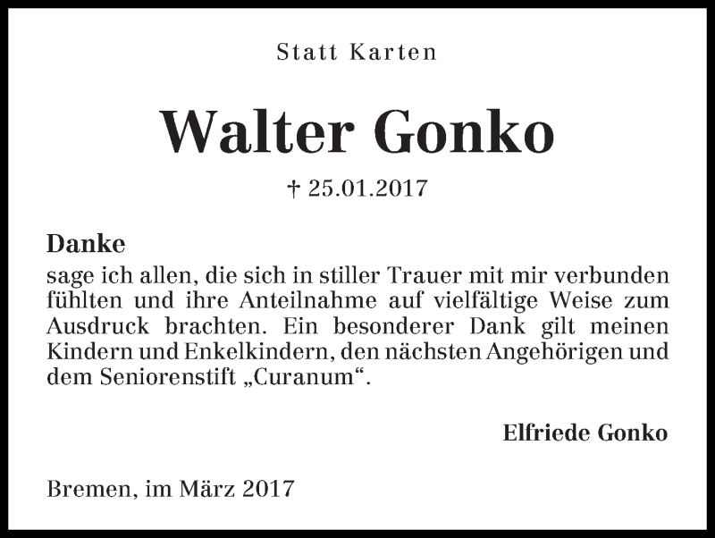Traueranzeige von Walter Gonko von WESER-KURIER