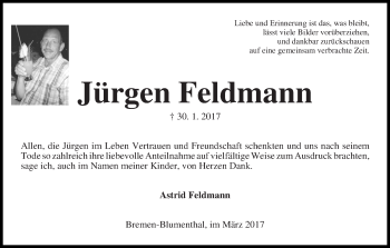 Traueranzeige von Jürgen Feldmann
