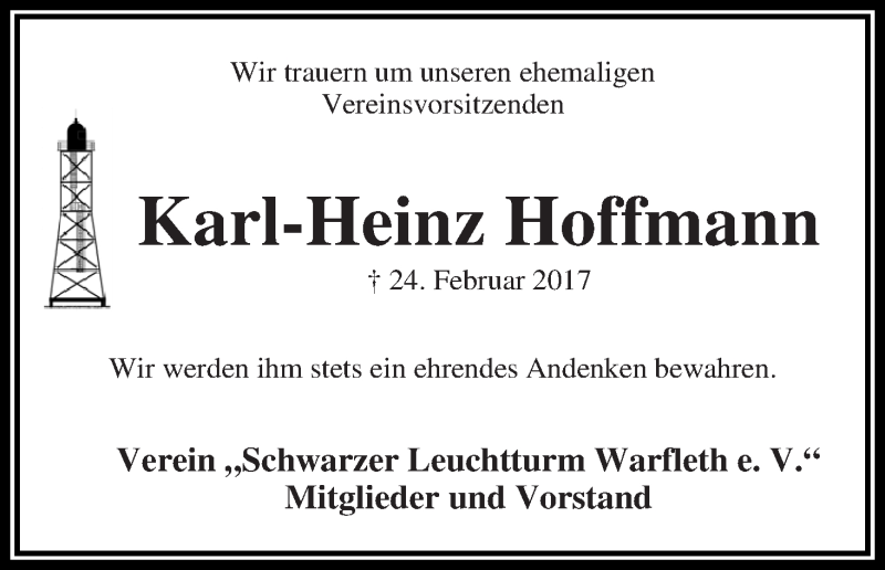Traueranzeige von Karl-Heinz Hoffmann von Die Norddeutsche