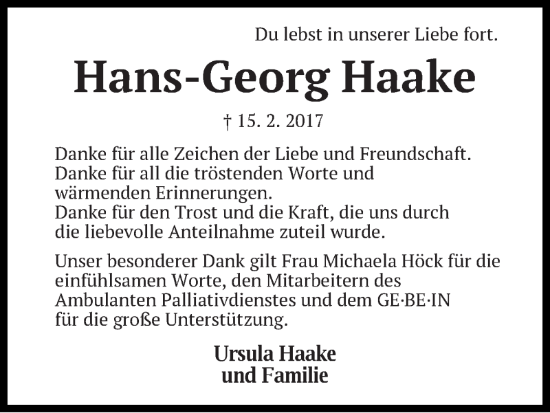  Traueranzeige für Hans-Georg Haake vom 04.03.2017 aus Die Norddeutsche