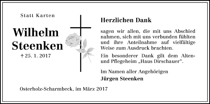Traueranzeige von Wilhelm Steenken von Osterholzer Kreisblatt