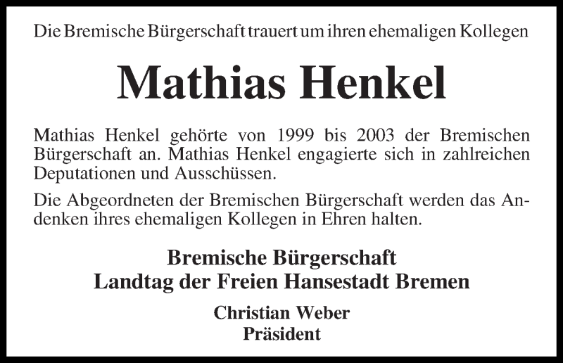 Traueranzeige von Mathias Henkel von WESER-KURIER