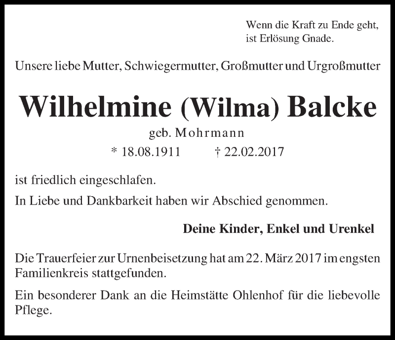 Traueranzeige von Wilhelmine (Wilma) Balcke von WESER-KURIER