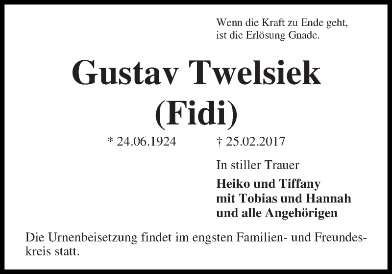 Traueranzeige von Gustav  Twelsiek von WESER-KURIER